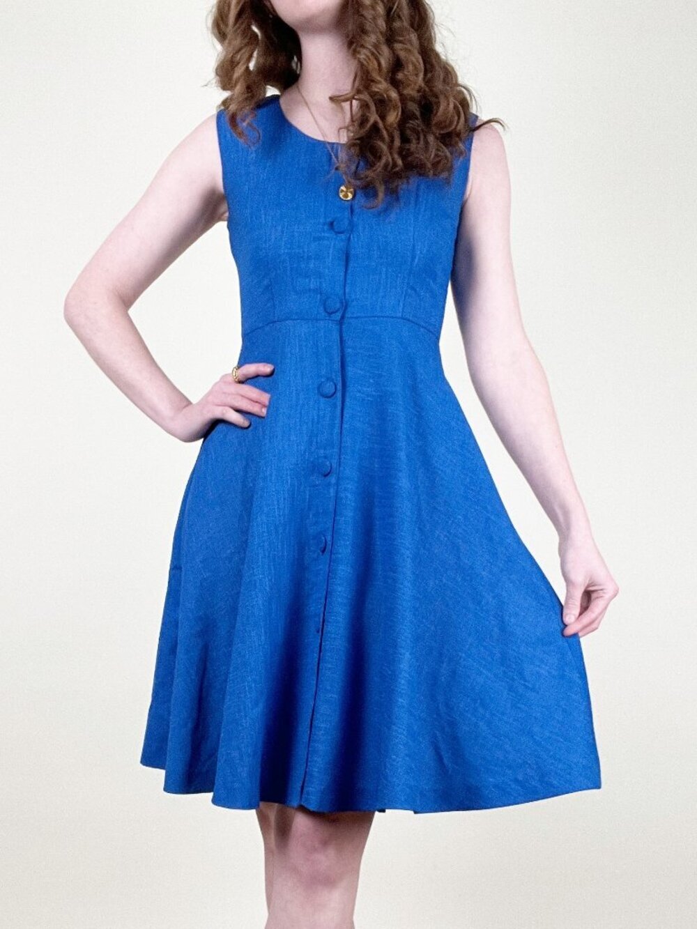 Vintage Royal Blue Sleeveless Button Front A-Line Mini Sun Dress Fit & Flare - Picture 5 of 5